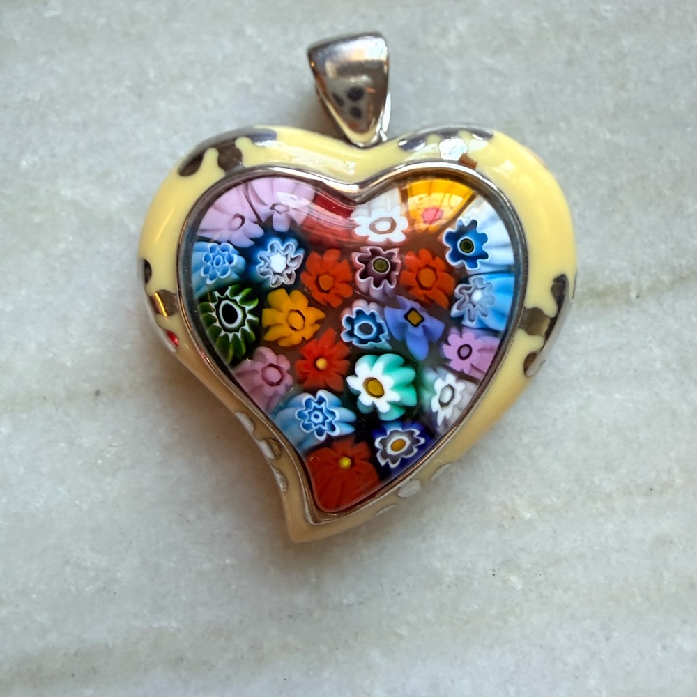 Alan K Unique Silver 925 and Enamel Heart-Shaped Millefiori Floral Pendant